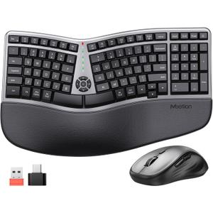 MEETION Ergonomic Wireless Keyboard and Mouse Combo, 2.4G Curved Compact Keyboard with Cushioned Palm Rest, 4 Level DPI Adjustable Wireless Mouse, for Windows/Mac/Desktop/Laptop/PC, Gray Black