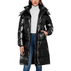 Women's Winter Puffer Coat - Waterproof Long Puffy Quilted Jacket Zip Up Warm Down Parka Fashion Shiny Hooded Outerwear, (Glossy Black,S)