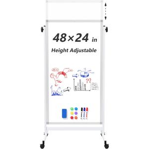Rolling Whiteboard on Wheels, 48" x 24" Height Adjustable Mobile Magnetic White Board with Stand, Large Double-Sided Standing Dry Erase Board Easel for Home Office Classroom School