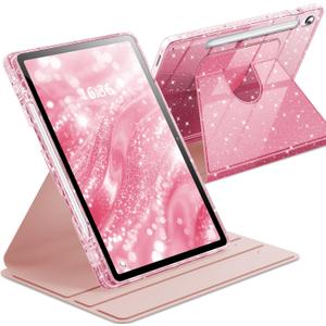 INFILAND Rotating Case for Samsung Galaxy Tab S10 Lite/ S10 FE/ S9 FE 5G 10.9 Inch/Tab S9 11 Inch 360 Cute Glitter Cover with Clear Back, S Pen Holder for Girls, Kids, Woman (Pink)