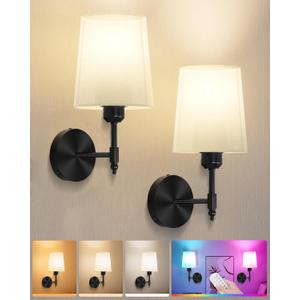 Ouyulong Battery Operated Wall Sconces Set of 2, Wireless Rechargeable Dimmable Wall Light with RGB Bulb and Remote for Bedroom, Living Room, Hallway (Black)