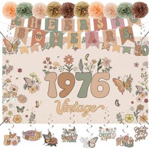 RoundFunny 24 Pcs Vintage 50th Birthday Decorations for Men Women Floral 1976 Banner Decorations Include Back in 1976 Backdrop Cheers to 50 Years Banner 12 Hanging Swirl 10 Paper Poms for Party Gifts
