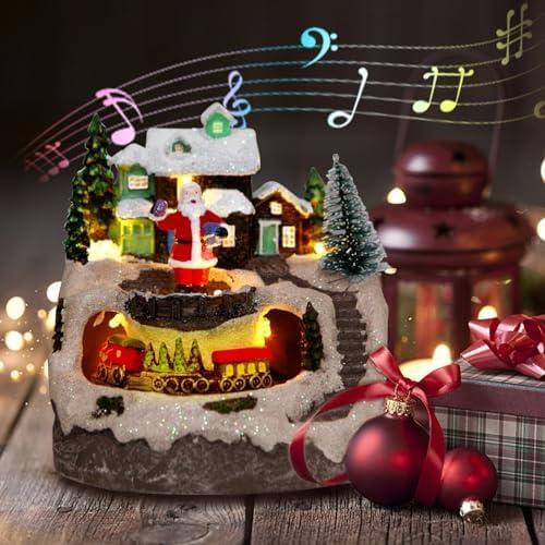 Christmas Decorations Village House Resin Collectible Building Figurines Revolving Train Musical Snow Globe 8 Music for Vintage Christmas Decor (Snow Man)