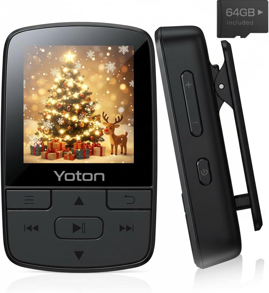 Yoton MP3 Player with Bluetooth 5.2, 64GB, HiFi-Music, with Sports Clip and Independent Volume Button, FM Radio, Earphones Included (Black)