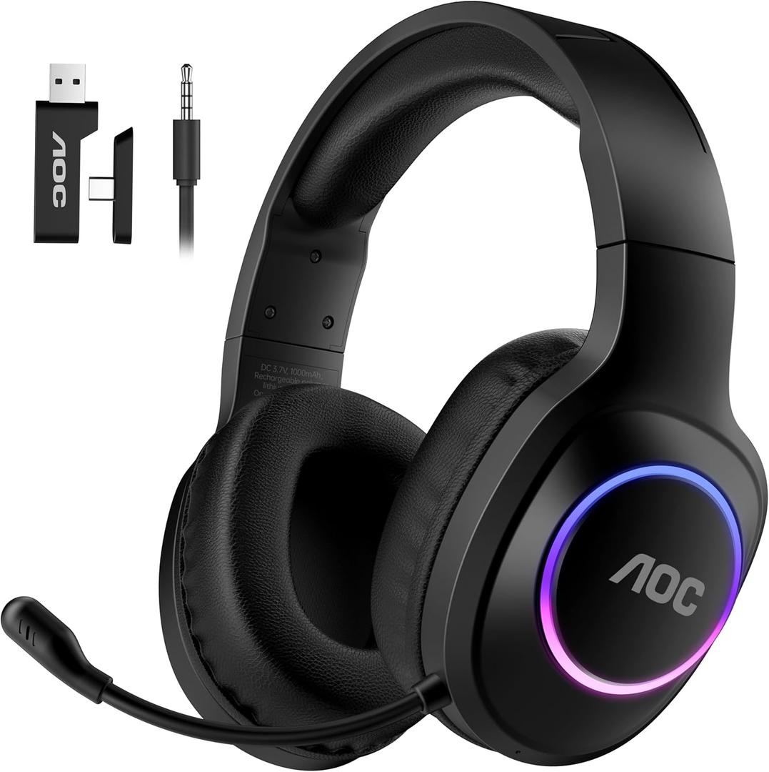 AOC Wireless Gaming Headset Compatible with PS5/ 4, Nintendo Switch, PC, Bluetooth 5.4 & 2.4GHz Gaming Headphones with Noise Canceling Mic, RGB, Type-C, 20ms Latency, 45H, 7.1 Virtual Surround- Black