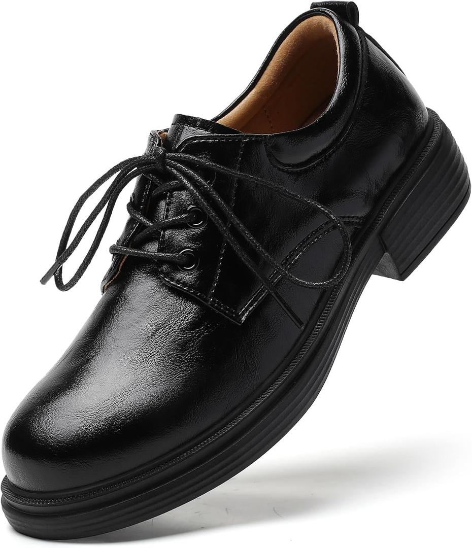 OKJ Oxford Shoes for Women Black Tie Women's Oxfords Shiny Leather Comfortable Slip on Lace up Ladies Loafers Business Casual Dress Work Office Shoes (7)