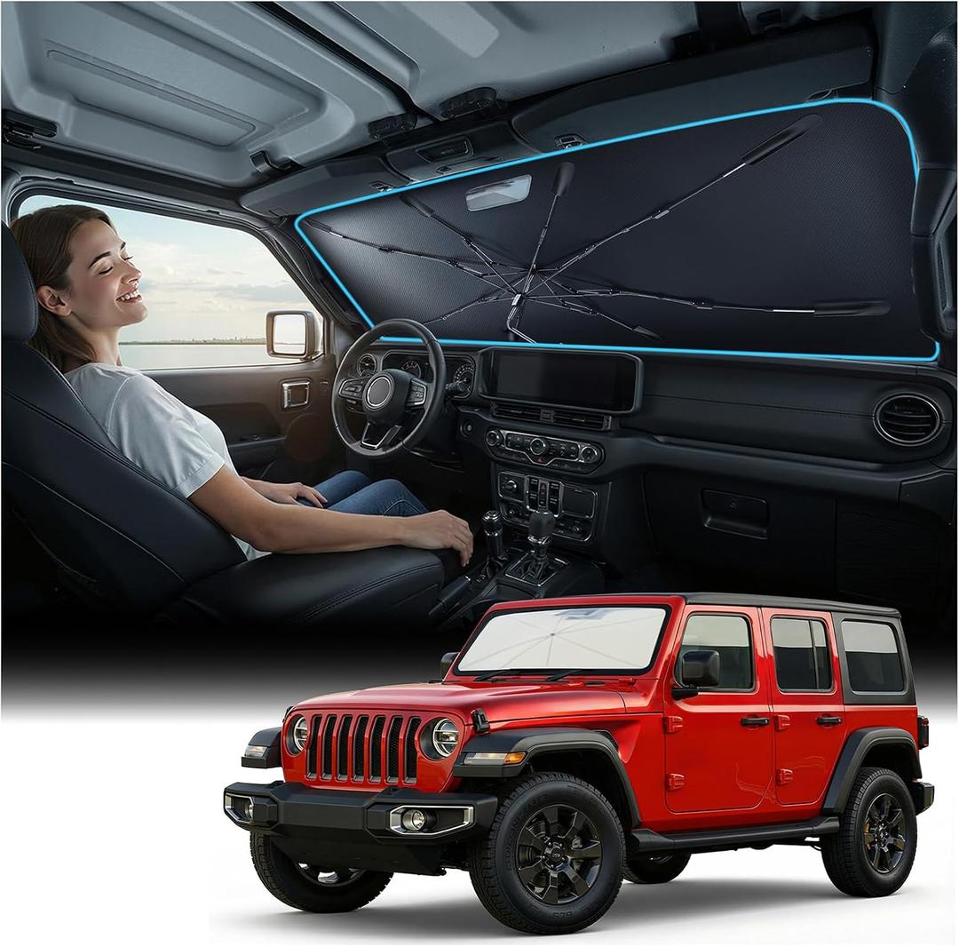 Nmoiss [Vinyl Coating Heat Shield] Windshield Sun Shade Umbrella for All Jeep Wrangler & Gladiator Accessories, Protect Car Interior from Sun Rays & Heat Damage Keep Cool