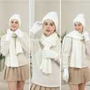 Double Couple 3pcs Winter Women scarf and hat and Touch Screen Gloves Set for Women Knit Hat with Faux Fur Ball Scarves Glove (White)