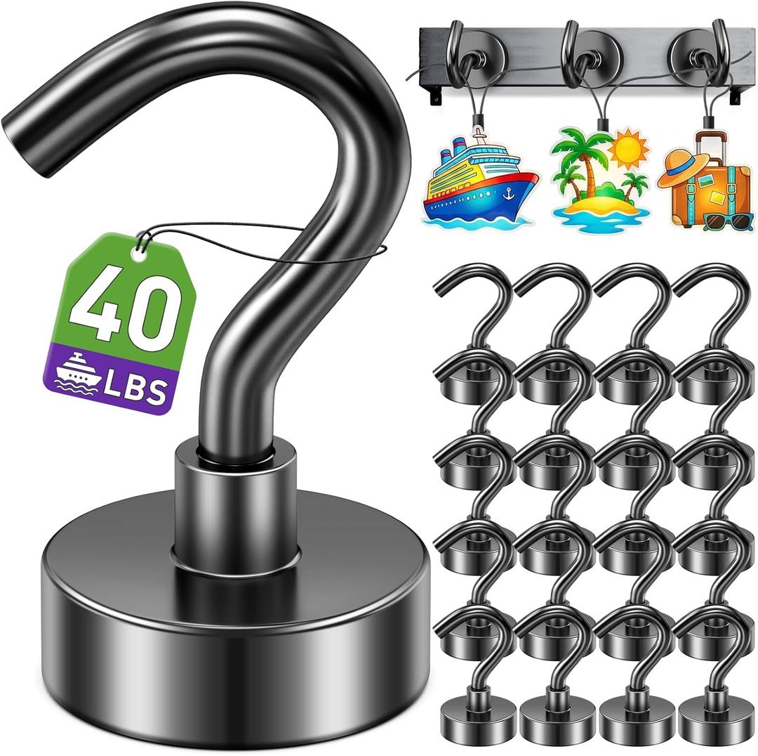 40 Pack Magnetic Hooks for 2026 Cruise Cabins Beach Vacation 30lbs+ Heavy Duty Magnet with Hook Metal Magnetic Hooks for Kitchen Fridge Grills Hanging Magnet Hooks for Classroom Locker Whiteboard (Black)