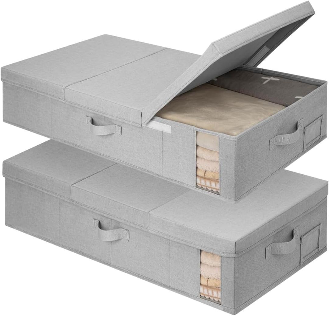 StorageWorks 2-Pack Jumbo Under Bed Storage Bins with Lids, Underbed Storage Containers with Handles and Label Holder, Closet Organizer for Clothes, Blankets, Sweater (Grey)