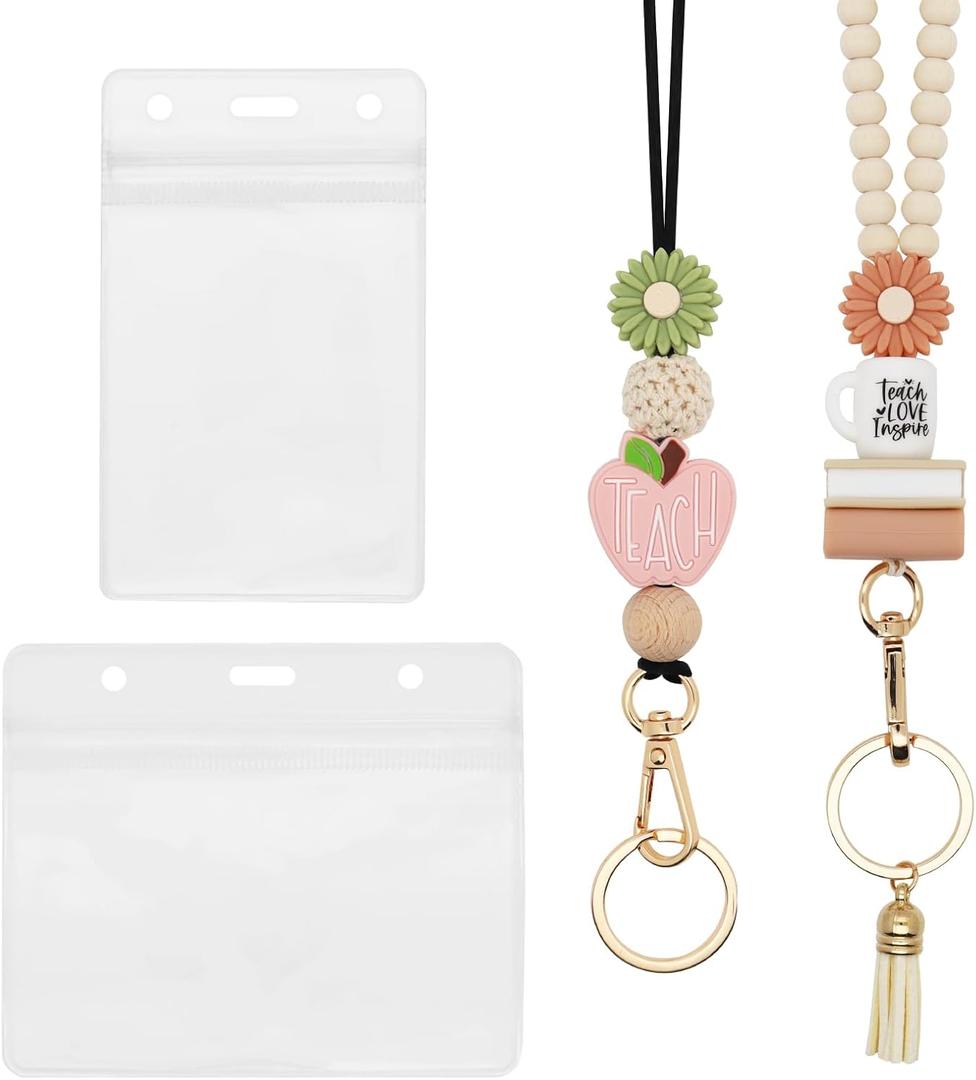 2 Pcs Teacher Lanyards with 2 PCS ID Badges Holder Wood Silicone Beaded Lanyard for Keys Cute Breakaway Lanyards Necklace for ID Badges Woman Teacher Nurse Office