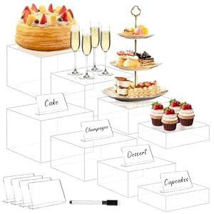 Buffet Risers Set of 8 Acrylic Cube Display Stands Box Risers with Hollow Bottoms 4 Different Size Dessert Table Display Set Food Nesting Risers for Buffet Table, Cupcake Candy Food, Parties, Brunch, Weddings (8 PCS Clear cube)