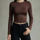 Women Basic Long Sleeve Round Neck Shirt Skinny Fit Stretchy Casual Tee Soft Comfy Essential Shirt (Brown, S)