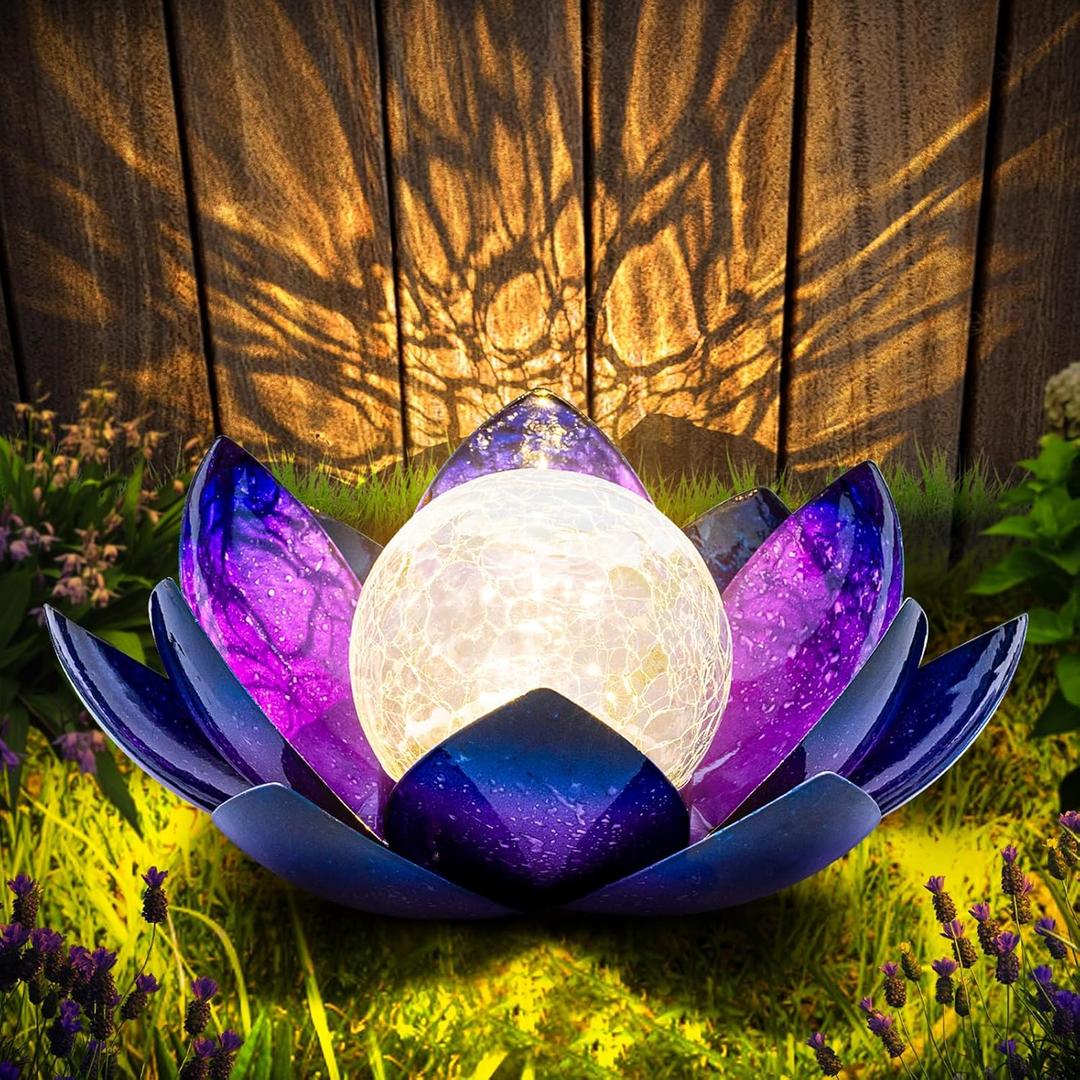 Huaxu Solar Lights for Outdoor Decor, Purple Lotus Flower Light, Waterproof LED Crackle Globe Glass Lamp for Garden, Patio, Yard, Porch, Pathway, Ground, Tabletop Christmas Gifts for Mom, Women
