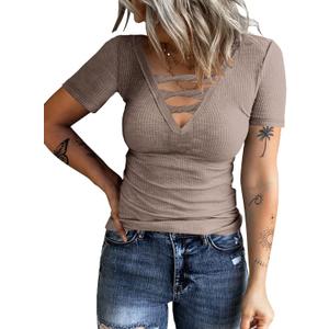 Women Casual Short Sleeve Tunic Tops V-Neck T Shirts Criss Cross Ribbed Slim Fitted Blouse (Small, Coffee)