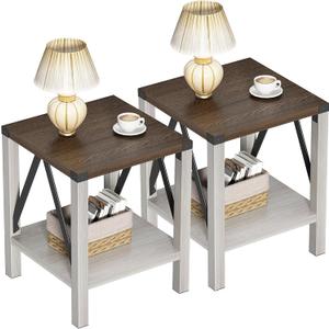 Treocho Farmhouse End Table Set of 2, Rustic Vintage Nightstand Side Table with Shelf for Living Room, Antique White & Brown
