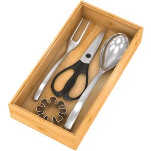 Drawer Organizer Utensil Holder for Kitchen, Small Wood Silverware Storage Organizer, Stackable Box Tray for Cutlery, Flatware, Bathroom Countertop Caddy for Makeup, Jewelry(12"6"2.5")