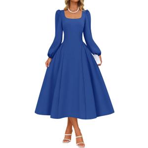 ZESICA Women's Long Sleeve Midi Dresses 2026 Fall Square Neck Swing A Line Wedding Guest Evening Prom Dress (Blue, M)