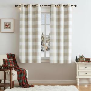 Short Tan White Buffalo Plaid Full Blackout Window Curtains Checkered Vintage Linen Textured Grommet Panels Thermal Insulated Drapes Farmhouse Bedroom Window Treatment,Living Room,40"x63"x2