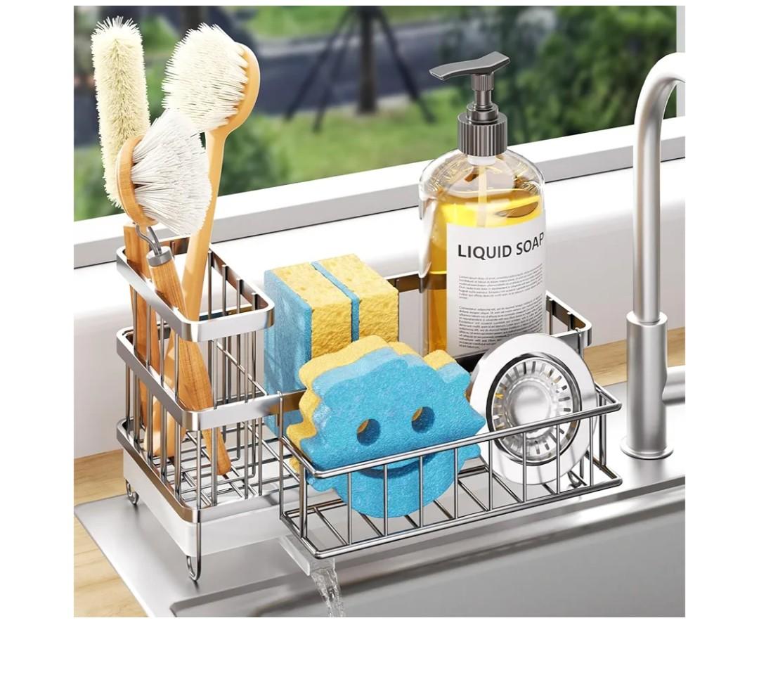 Cisily Sponge Holder for Kitchen Sink, Sink Caddy Organizer with High Brush Holder, Kitchen Countertop Organizers and Storage Essentials, Rustproof 304 Stainless Steel (Silver With Towel Rack, 9.25″)