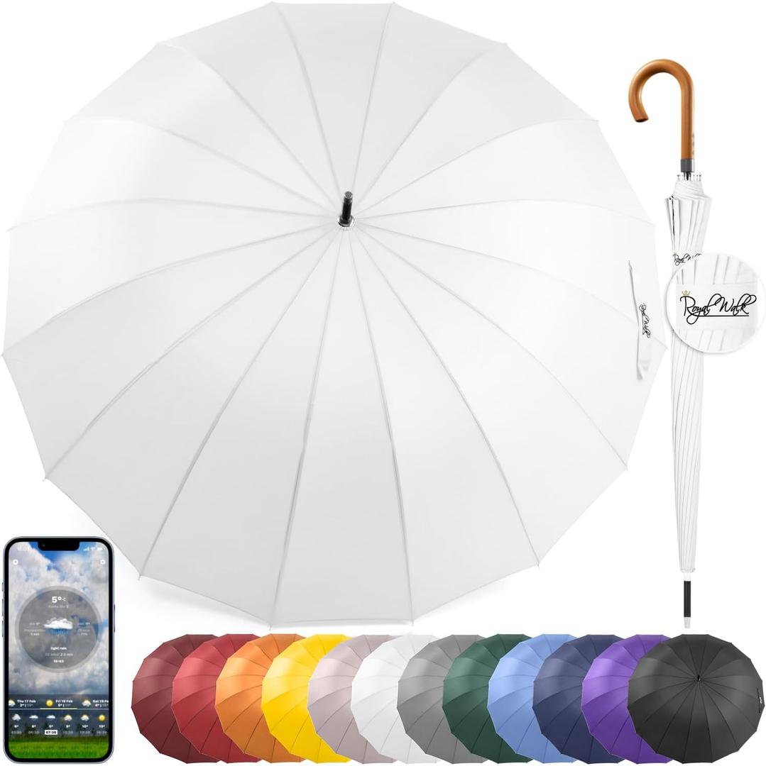 Royal Walk Windproof Large Umbrella for Rain 54 Inch Automatic Open for 2 Persons Wind Resistant Big Golf Umbrellas for Adult Men Women Classic Wooden Handle Fast Drying Strong 16 Ribs Travel 120cm (White)