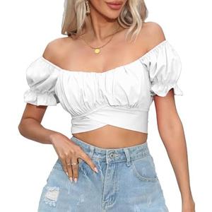 COOUFE Women's Crop Tops Ruffle Short Sleeve Tie Back Summer Off Shoulder Top Blouse XL