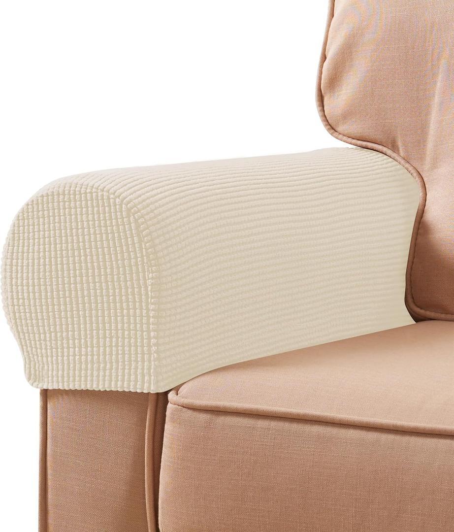SUBRTEX Stretch Couch Arm Covers Set of 2, Checkered Sofa Arm Slipcovers, Anti-Slip Armrest Covers for Recliner and Armchairs, Pet Proof, High Stretchy, Hook & Loop Tape, Ivory