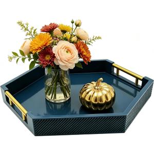 Hexagon Decorative Serving Tray with Polished Gold-Tone Metal Handles, Black Glossy Finish, Large Ottoman and Coffee Table Tray, 17.7x15.4x2 Inch (Blue)