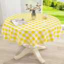 misaya Round Waterproof Vinyl Table Cloth, Buffalo Flannel Backed Tablecloth, Wipeable Plastic Table Cover for Dinner, Kitchen, Picnic (60", Yellow and White)