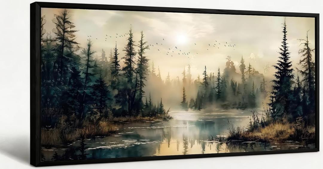 Large Framed Forest River Landscape Canvas Wall Art, Watercolor Forest Lake Painting Picture Wall Decor, Nature Landscape Poster Print Artwork for Living Room Bedroom Home Decoration 20x40in