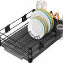 Simple Houseware Dish Drying Rack with Drainboard, Utensil Holder & Mug Hooks, Black Metal Kitchen Counter Organizer