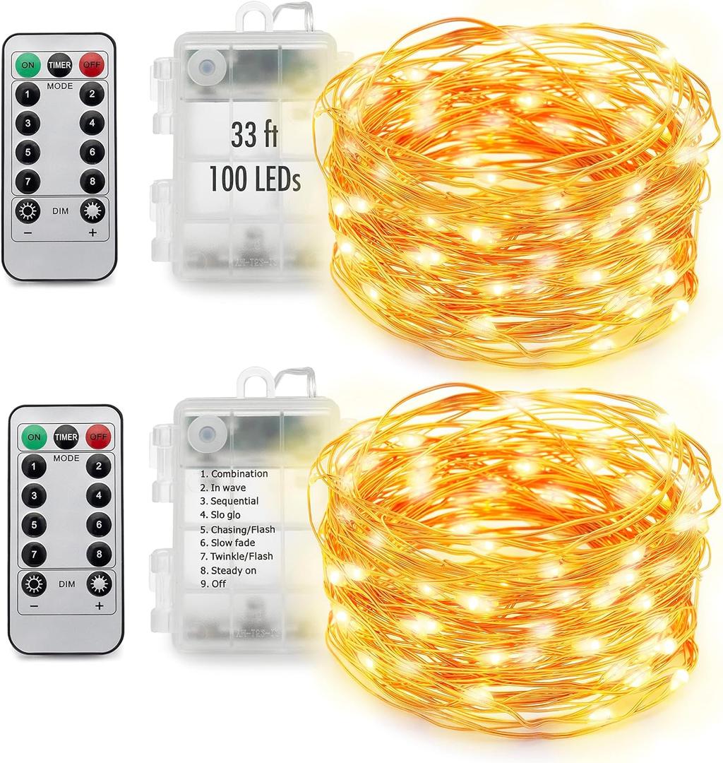 MUMUXI 2 Pack 33ft 100 LED Fairy Lights with Timer, Ourdoor Battery-Powered Twinkle and Remote Control, Christmas String Lights, Warm White Waterproof Decorative Lighting for Holidays and Events (2 Pack-33 Ft-100 LED)