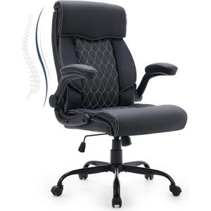 High Back Ergonomic Executive Office Chair with Flip-Up Armrest | Faux Leather, 360 Swivel, Height Adjustable, 90 Flip-Up Armrests Desk Chair, Black