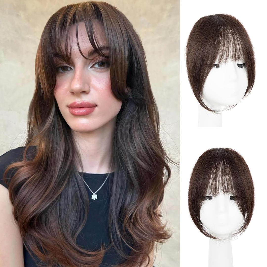 EINAEY Clip in Bangs 100% Real Human Hair, Dark Brown French Fake Bangs, Bangs Hair Clip & Clip On Bangs for Women, Fringe with Temples, Natural Blend