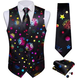 DiBanGu Mens Christmas Suit Vest and Tie Set Fun Snowflake Holiday Party Waistcoat Necktie Pocket Square Cufflinks S-3XL