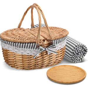 Picnic Basket with Blankets and Bamboo Plates Picnic Supplies Set Basket with Lid and Handle Wicker Picnic Basket Sturdy Woven Body with Washable Lining for Camping(Grey)