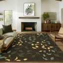 Washable Rugs 5X7 Area Rugs for Living Room, Thin Indoor Chenille Low Pile Rug for Bedroom Rug, Vintage Boho Lightweight Carpet for Dining Room Kitchen Office Floor, Dark Leaf Print