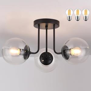 KoKo&Yukina 3-Light Semi Flush Mount Ceiling Light Globe Lights Mid Century Ceiling Light with Clear Glass Globe & Matte Black for Bedroom Hallway Entryway Kitchen Living Room (Bulb Incl.) (6 inch)