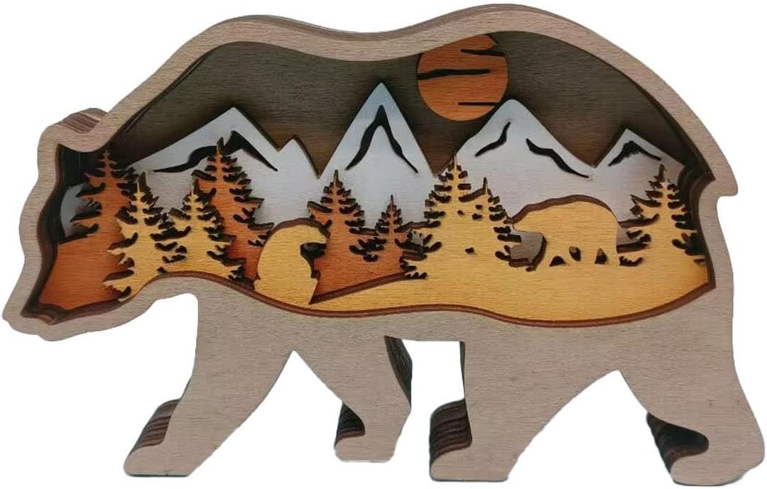 Wooden Animal Statues, 3D Wooden Animals Bird Deer Penguin Bear Woodland Nursery Decorations Forest Themed Bedroom Decor Bedroom Living Room Office Decor (Bear)