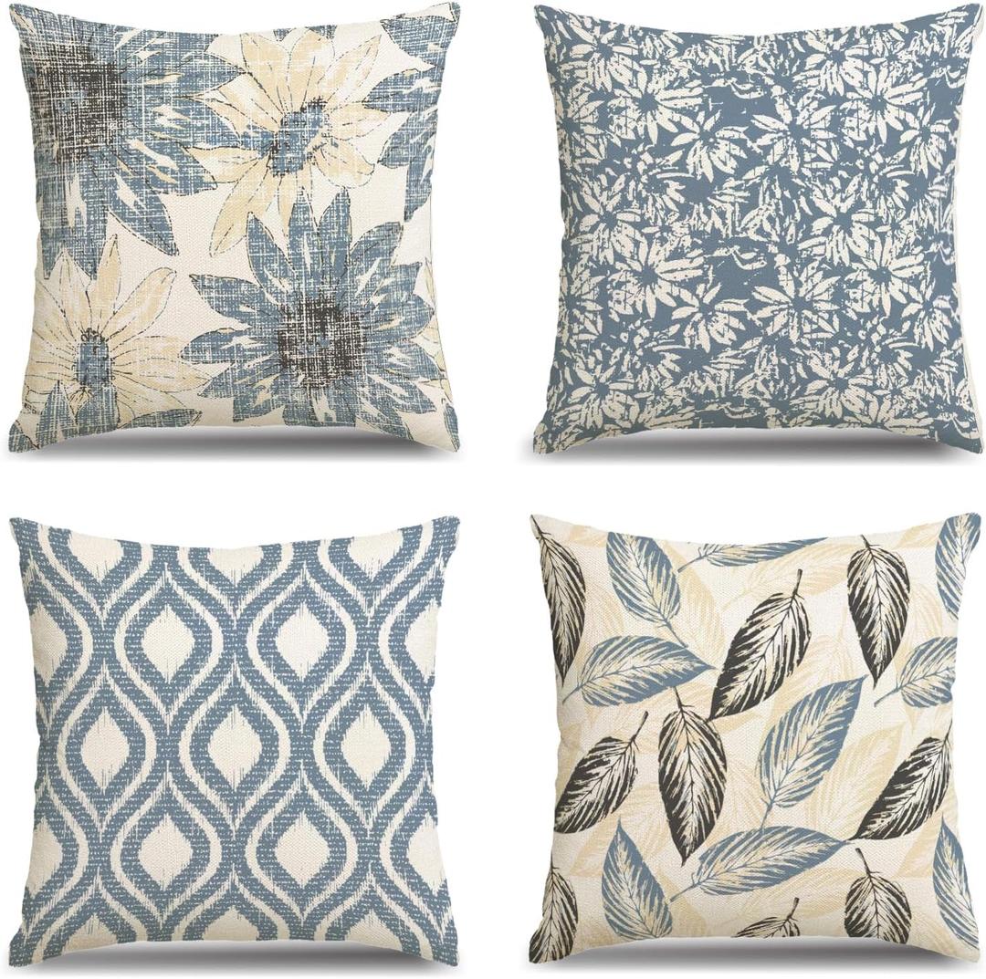 MEHOFOND Blue Floral Pillow Covers 18x18 Inch Set of 4 Boho Leaf Throw Pillow Covers Modern Abstract Art Plant Outdoor Decor Farmhouse Pillowcase Cushion Case for Sofa Couch