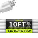 16/3 White Extension Cord 10 FT, Indoor Extension Cord for Laptops, Coffee Makers, Office Home Appliances, 3 Prong Resistant Cable Flexible, 13A 125V 1625W ETL Listed