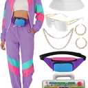 VillbeCoser Women's 80s 90s Outfits Tracksuit Costume Accessories Set, Color Block Windbreaker Jacket(Purple M)