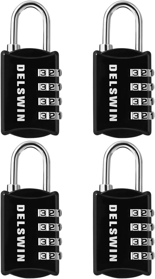 DELSWIN Small Combination Lock for Locker, 4-Digit Mini Combo Lock for Backpack and Luggage, Combination Padlock for School Gym Locker (Pack of 4) (Charcoal Black)