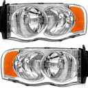 Headlight Assembly for 2002 2003 2004 2005 Dodge Ram 1500/2003-2005 Ram 2500 3500 Chrome Housing Clear Reflector Replacemen Left & Right