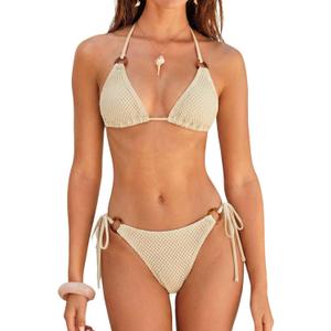 ZAFUL Triangle Bikini Sets for Women Sexy Tie Side Halter String O Ring Textured Two Piece Swimwear Bathing Suit (Medium, 2-Beige)