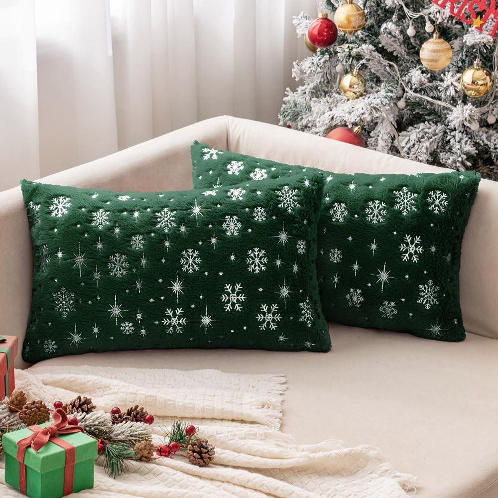 MIULEE Set of 2 Christmas Decorative Throw Pillow Covers Soft Faux Fur Winter Pillow Covers with Silver Snowflake Glitter Holiday Festival Pillowcases for Couch Sofa Bed, 1220inch, Dark Green