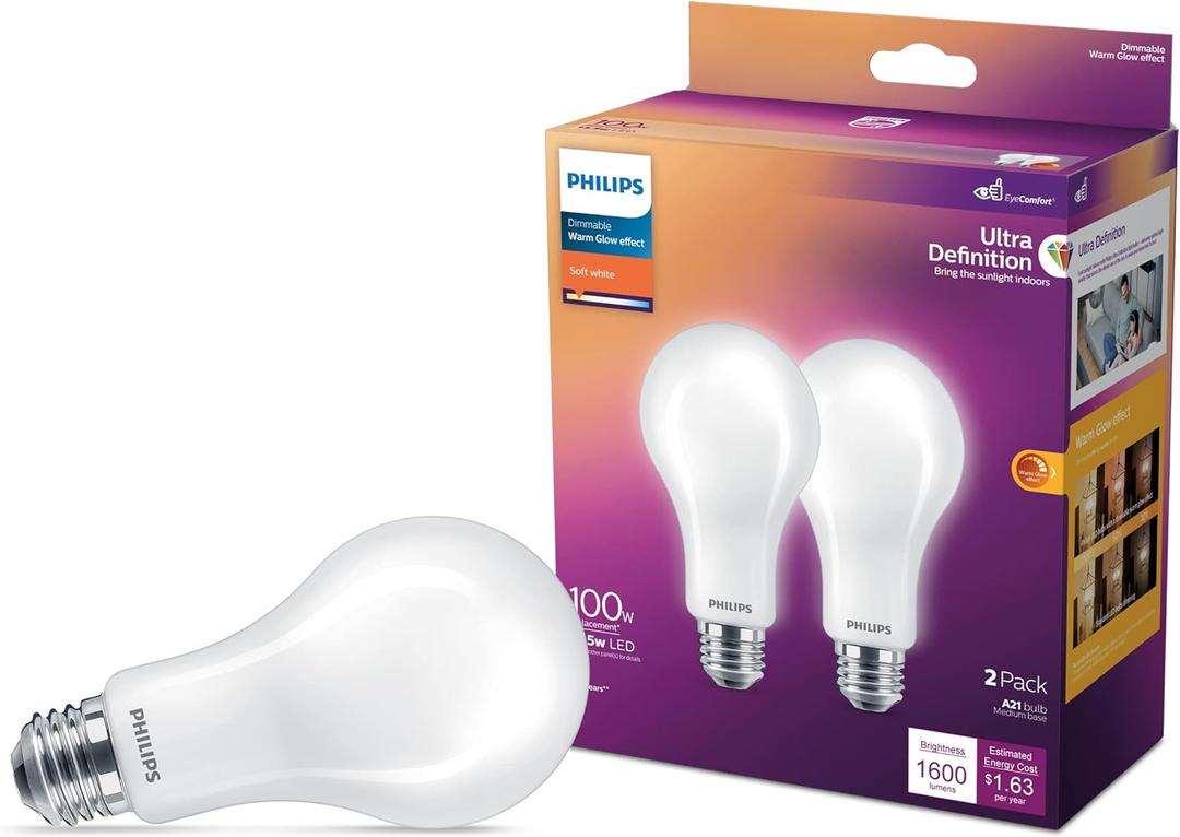PHILIPS LED 100W A21 2-Pack Ultra Definition Soft White (2700K) 1600 Lumen (13.5W = 100W) Dimmable Frosted Flicker-Free Light Bulbs