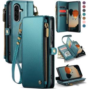 Defencase for Galaxy A36 5G Case Wallet with RFID Blocking Card Holder for Women Men, Fashion PU Leather Magnetic Snap Flip Zipper Wrist Strap Wallet Phone Case for Samsung Galaxy A36 5G, Blue Green