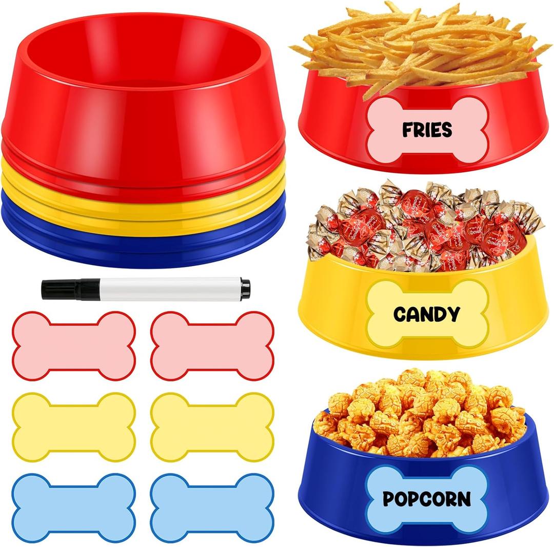 Demonwer 6 Set Dog Paw Plastic Bowls Dog Birthday Party Supplies Red Blue and Yellow Food Trays with Bone Cards for Table Dog Puppy Party Decorations