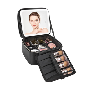 Travel Makeup Bag With LED Mirror, Cosmetic Train Case with Light up Mirror, Portable Makeup Artist Organizer Bag with Adjustable Dividers, Makeup Brush Holder Storage, Black